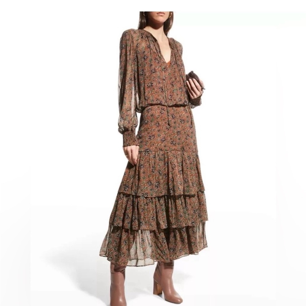 Veronica Beard Brown Floral Tiered Midi Dress